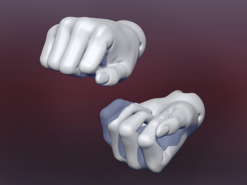 May include: Two white, 3D-rendered hands. One hand is clenched in a fist, the other is open, with fingers slightly curved. The background is a gradient of dark red to a lighter shade.