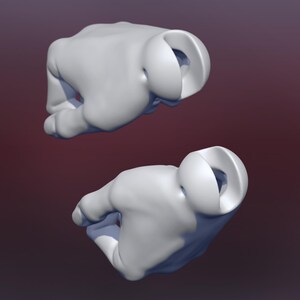 May include: Two white, stylized fists, rendered in a 3D style, are suspended against a gradient background of maroon and dark blue. The fists are clenched, with a smooth, rounded appearance.
