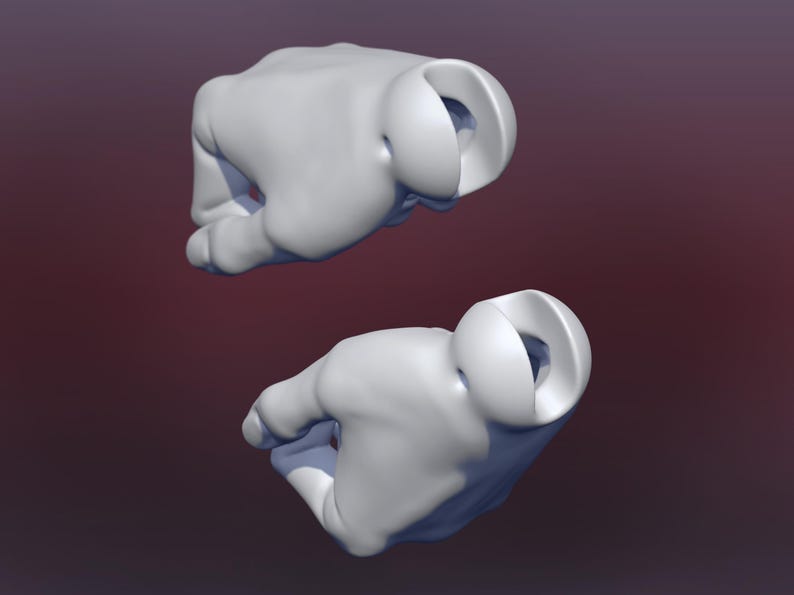 May include: Two white, stylized fists, rendered in a 3D style, are suspended against a gradient background of maroon and dark blue. The fists are clenched, with a smooth, rounded appearance.