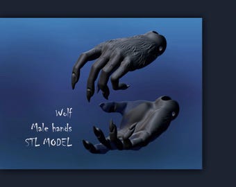 May include: A 3D printed model of a wolf's hands. The hands are posed in a claw-like gesture. The model is printed in black plastic and is labeled "Wolf Male hands STL MODEL".