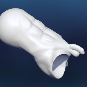 Pode incluir: Uma escultura abstrata branca com um acabamento liso e brilhante. A forma tem uma forma arredondada e org&acirc;nica com uma grande abertura e um pequeno ap&ecirc;ndice em forma de m&atilde;o. O fundo &eacute; um gradiente de azul escuro.