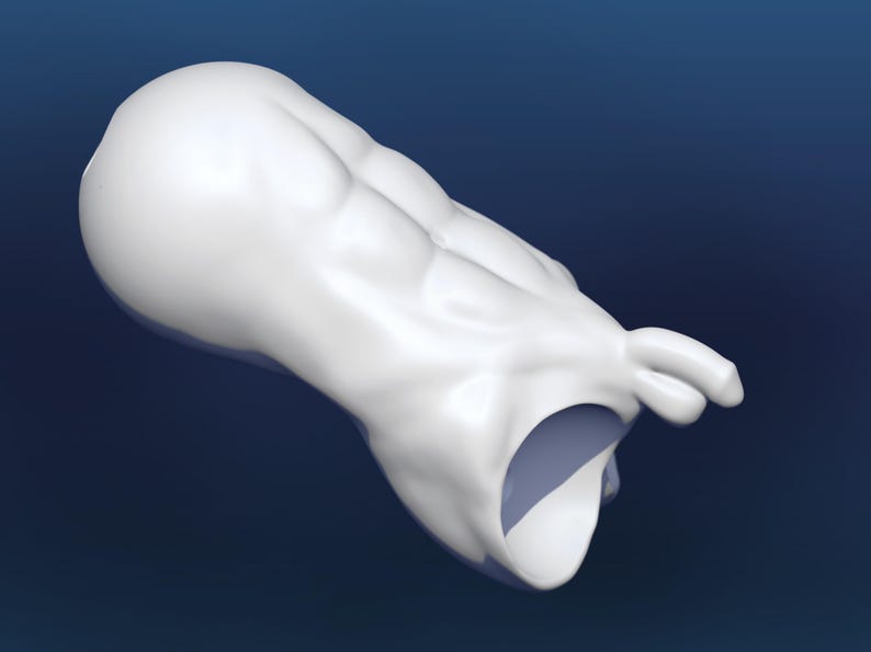 Pode incluir: Uma escultura abstrata branca com um acabamento liso e brilhante. A forma tem uma forma arredondada e org&acirc;nica com uma grande abertura e um pequeno ap&ecirc;ndice em forma de m&atilde;o. O fundo &eacute; um gradiente de azul escuro.