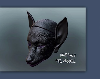 May include: A 3D printed model of a wolf head, rendered in a dark gray color. The model is detailed with fur and has a realistic appearance. The text "Wolf head STL MODEL" is written below the model.