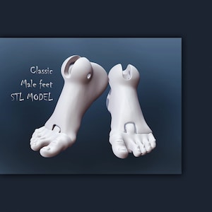 May include: A pair of white 3D printed feet, designed for use in 3D modeling and animation. The feet are posed with the toes pointing upwards. The text "Classic Male Feet STL MODEL" is written in white on a blue background.