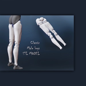 以下が含まれることがあります： クラシックな男性の脚の3Dプリントモデル。脚は白で、リアルな外観をしています。モデルには「Classic Male Legs STL MODEL」というラベルが貼られています。