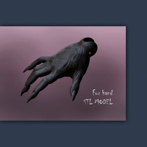 May include: A black, sculpted fox hand with long, pointed nails, set against a purple backdrop. The image includes the text "Fox hand STL MODEL" in a white, handwritten font. The hand is likely a 3D model.
