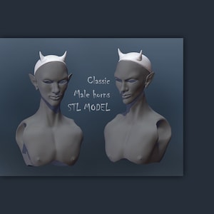 May include: A 3D rendering of a gray bust with pointed ears and a white headband with small horns. The text "Classic Male horns STL MODEL" is written in white on the right side of the image.