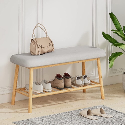 Bamboo Entryway Bench With Cushion Seat Storage Benches for Etsy