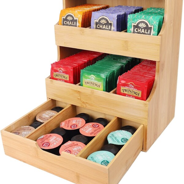 Bamboo tea & Coffee organizer 2 in 1 Set 2 Tier Stackable Holder with 1 Storage Drawer Tea Box for Tea Storage for Home Office or Café