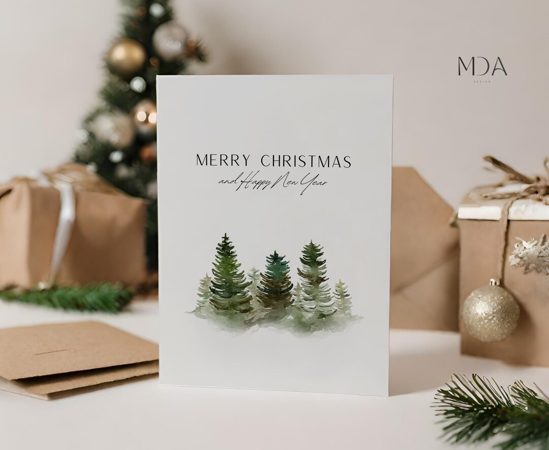 Watercolor Christmas Tree Card Printable Christmas Card Xmas Etsy