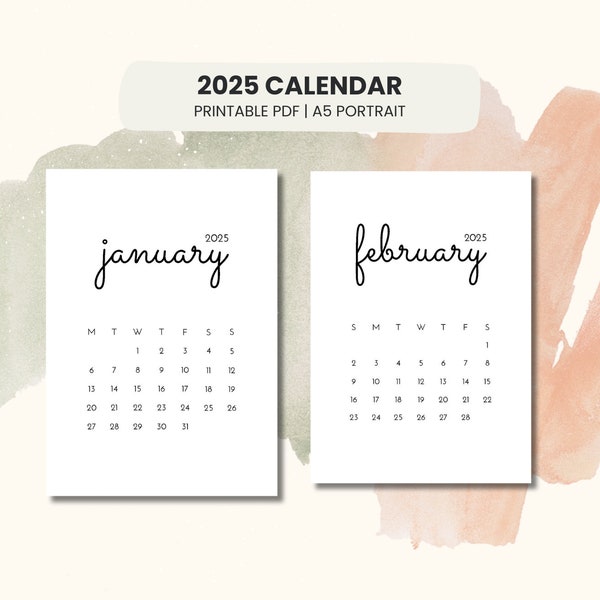 2025 Calendar Printable | Mini Calendar 2025 | Monthly Calendar 2025 | Portrait, A5 | Minimalist | Simple