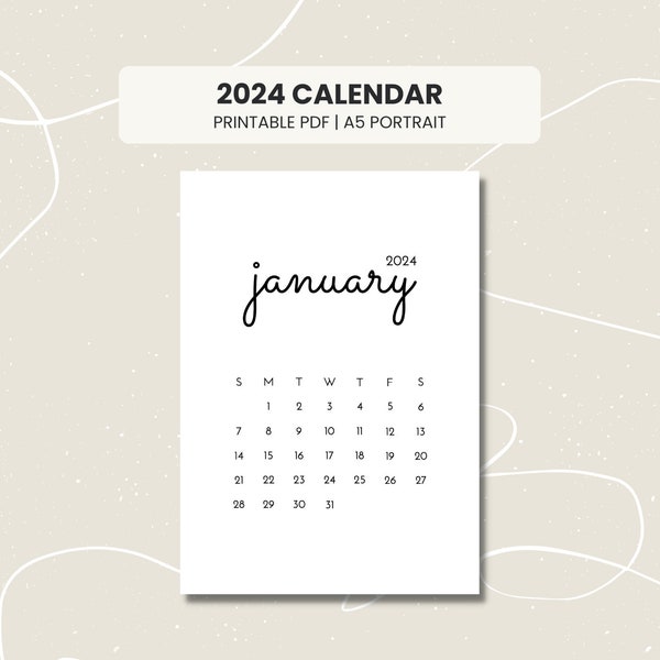 2024 Calendar Printable | Mini Calendar 2024 | Monthly Calendar 2024 | Portrait, A5 | Minimalist | Simple