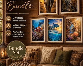 Wildlife Wall Art Bundle, 5 Printable Animal Prints, Leopard Elephant Dolphin Butterfly Clownfish Decor, 2:3 Digital Download Set