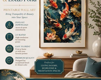 Koi Fish & Lotus Pond Printable Wall Art – Teal and Gold Japanese-Inspired Digital Artwork, Luxury Zen Home Décor, 2x3 Ratio