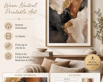 Neutral Abstract Wall Art Printable – Beige, Brown & Gold Digital Download, Modern Living Room Decor, 2x3 Ratio