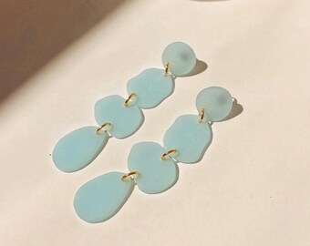 Mermaid Matte Sea Glass Sky Aqua Blue Statement Dangles | Polymer Clay