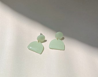 Jade Pistachio Light Green Arch Dangle | Translucent | Polymer Clay Earrings
