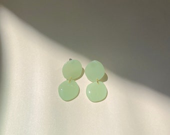 Jade Pistachio Light Green Organic Stone Drop Dangles | Translucent | Polymer Clay Earrings