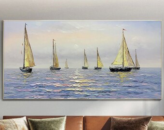 Regatta at Dawn: Acrylic Seascape with Sailships, Palette Knife Painting, Textured Oceanic Canvas Art