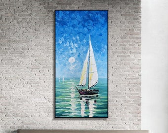 Tranquil Sailboat Under Moonlight, Impasto Style Sea Painting, Calming Blue Nautical Wall Art Decor