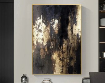 Arte astratta nera e oro, pittura strutturata in lamina verticale, arredamento espressionista lussuoso, arte murale strutturata