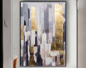 Urban Gold Strokes, Abstract Cityscape, Hand Painted Wall Decor, Modern Art Canvas for Sophisticated Home Styling