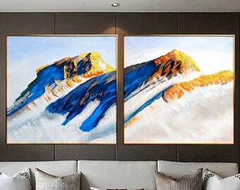 Alpine Glow, Shining Snowy Mountains, Vibrant Set of 2 Wall Paintings, Inspiring Home Decor Artwork