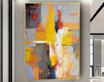 Splash of Sunrise - Peinture texturée jaune et grise abstraite, toile d'art mural moderne minimaliste