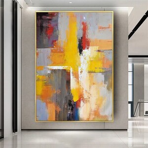 Splash of Sunrise Peinture texturée jaune et grise abstraite, toile d'art mural moderne minimaliste image 1