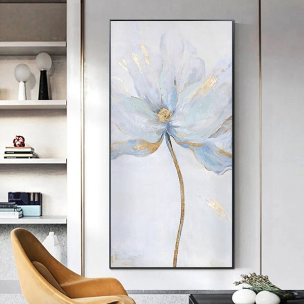 Ethereal Petal, Graceful Light Blue and Gold Hand-Painted Floral Canvas Art