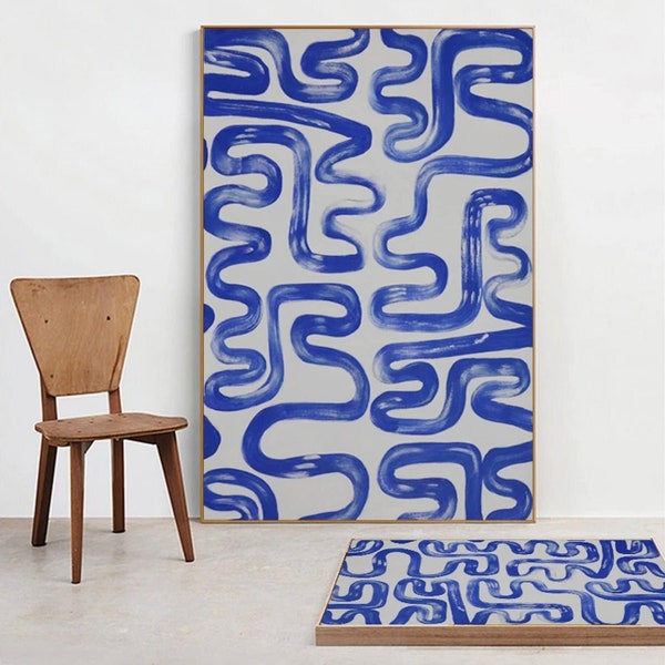 Sapphire Labyrinth, Hand-Painted Greek Key Pattern Art, Abstract Cobalt Blue and White Wall Canvas