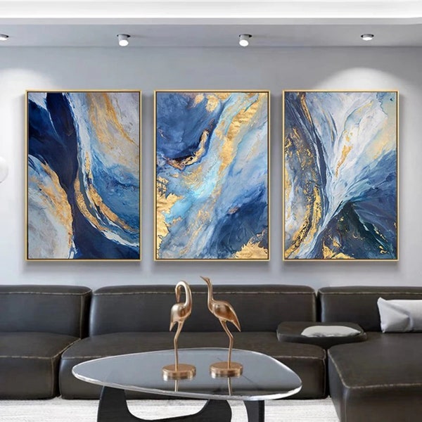 Tourbillons azur doré - luxueux triptyque abstrait bleu et or, lot de 3 oeuvres d'art murales encadrées