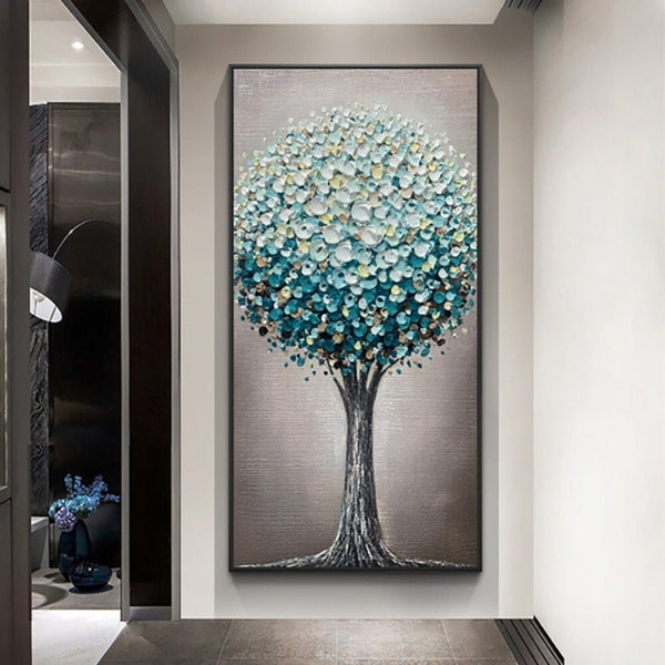Sapphire Serenity, Elegant Fortune Tree with 3D Hand-Painted Details, Luxurious Wall Art for Home or Office Decor