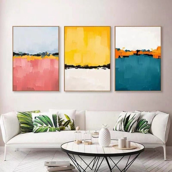 Sunset Spectrum, 3er-Set Minimalistische Ölgemälde in warmen Farben, modernes abstraktes Trio für ein harmonisches Wohndekor