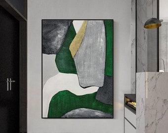 Harmonie zen, peinture texturée originale wabi-sabi vert et gris, toile minimaliste abstraite pour des espaces modernes tranquilles