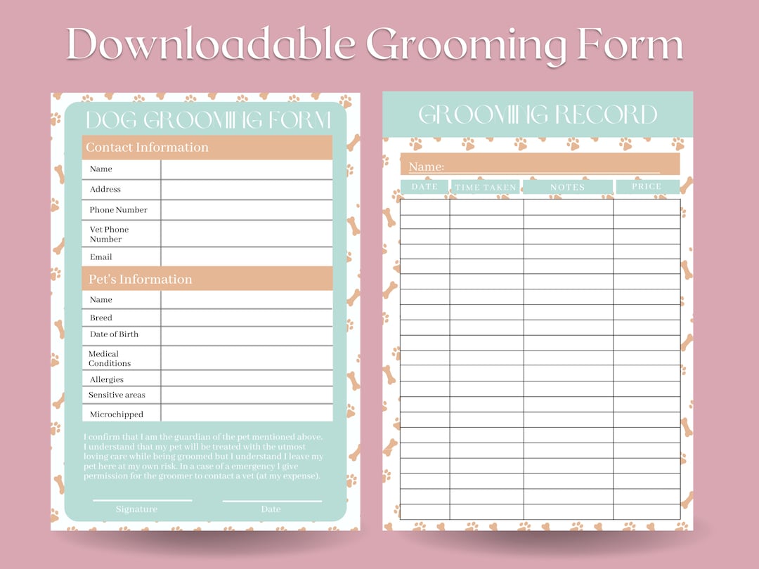 Printable Dog Grooming Form Dog Grooming Record Form paw - Etsy