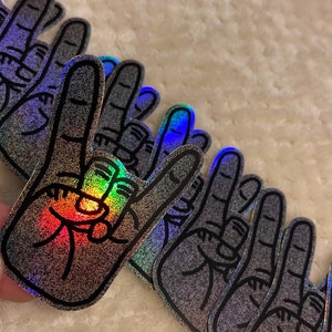 Holographic Rock Hand Sticker | Holographic Vinyl | Hand Sign Sticker | Rock Decal