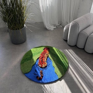 Tapijt tijger in de vijver, tapijt met dierenprint, pluizig dierentapijt, handgemaakt getuft 3D-tapijt op maat