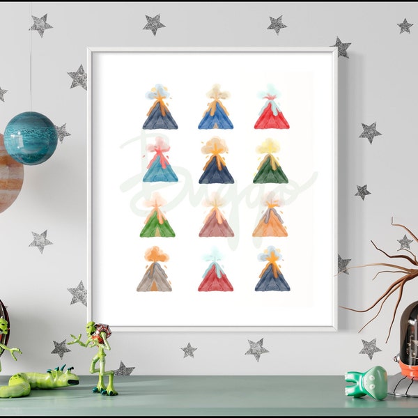 Volcano Art Illustration Digital Download Print Contemporary and Abstract for Boys and Girls, Play room, Kids space, and classrooms