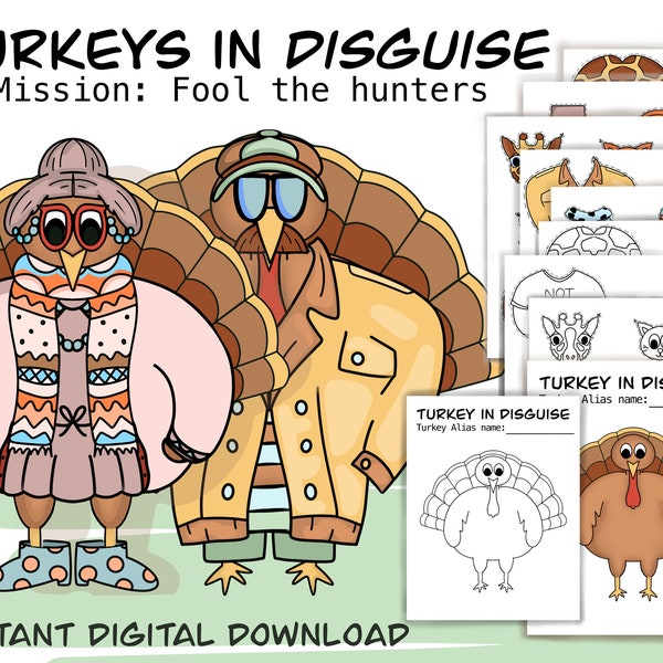 Thanksgiving Turkeys in Disguise Kids Coloring Playing Activity Pages Instant Digital Download for Boys and Girls Color Cut Glue Elementary