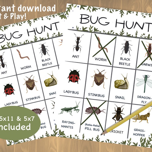 Kids Bug Hunt Activity leaves Printable Backyard Nature Scavenger Hunt, Bug Lover Digital Download 8x11 with 5x7 included