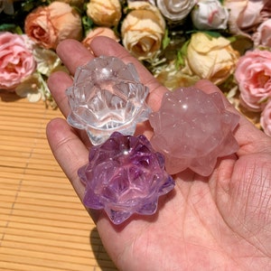 Natural Handmade Clear Quartz Lotus Flower Crystal Carving, Lotus Amethyst Rose Quartz Sphere Stands, Home Decor Crystals, Healing Crystal
