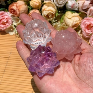 Natural Handmade Clear Quartz Lotus Flower Crystal Carving, Lotus Amethyst Rose Quartz Sphere Stands, Home Decor Crystals, Healing Crystal