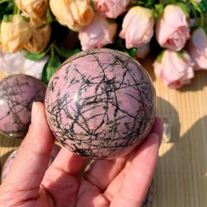 1PC  Rhodonite Sphere 60mm - Stunning Pink Crystal Ball for Enhancing Home Aesthetics, Ideal Spiritual Gift Halloween Gift