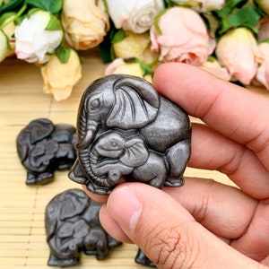 Silver Sheen Obsidian Elephant Carving: Parent & Baby Crystal Decor, Halloween gift