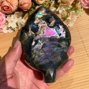 Polished Flash Labradorite Leaf: Freeform Carved Crystal Decor, Halloween gift