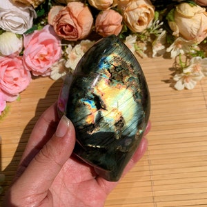 Polished Flash Labradorite Leaf: Freeform Carved Crystal Decor, Halloween gift