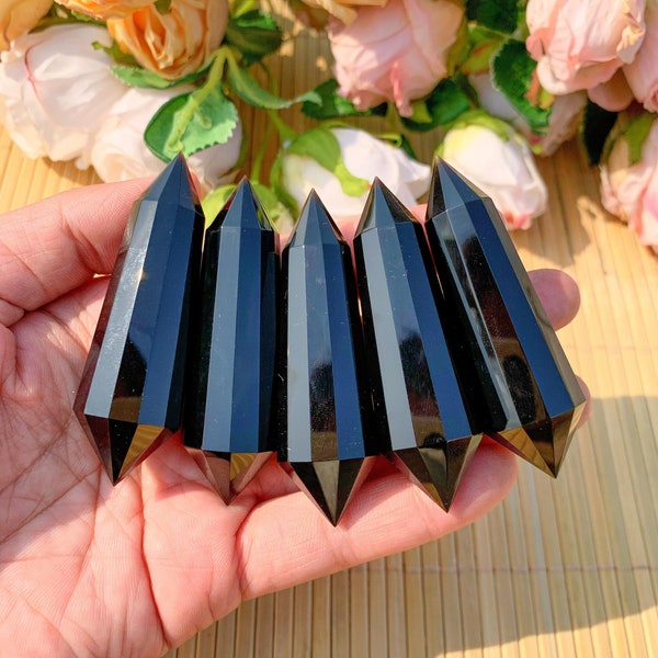 hand carved 6cm 12-sided black obsidian vogel style dot double terminated obelisk double point obaisin towers crystal wand crystal gifts