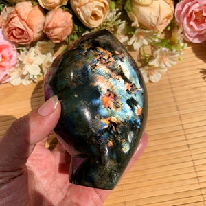 Polished Flash Labradorite Leaf: Freeform Healing Crystal Decor, Halloween gift
