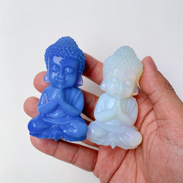 Crystal Gifts: Blue & White Opal Carved Sitting Buddha, 8cm - Healing Crystal for Meditation and Spiritual Balance, Perfect Wellness Gift